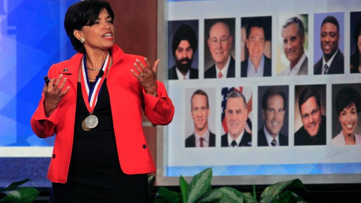 Paralympic silver medalist, businesswoman and author Bonnie St. John speaks Tuesday at the Jim Blanchard Leadership Forum held at the Columbus Convention and Trade Center in Columbus.
