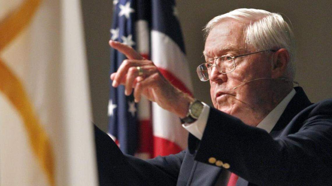 Retired U.S. Congressman Jack Brinkley, Democrat from the 3rd Congressional District, talks with the congregation at Wynnbrook Baptist Church during the National Day of Prayer gathering in 2011.