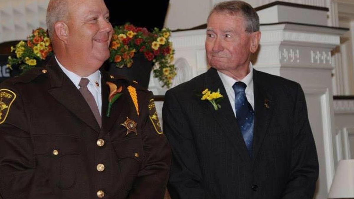 Chambers County Sheriff Sid Lockhart, left, stands alongside retired sheriff James Morgan, right. Funeral services for Morgan will be held Sunday afternoon at the Valley Community Center.