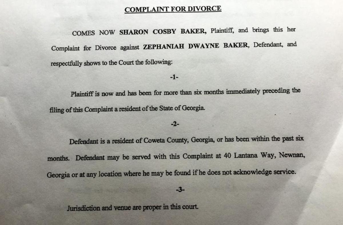 In an April 17 divorce complaint, Baker’s wife wrote that Baker lived in Coweta County, where could be served notice at 40 Lantana Way in Newnan.