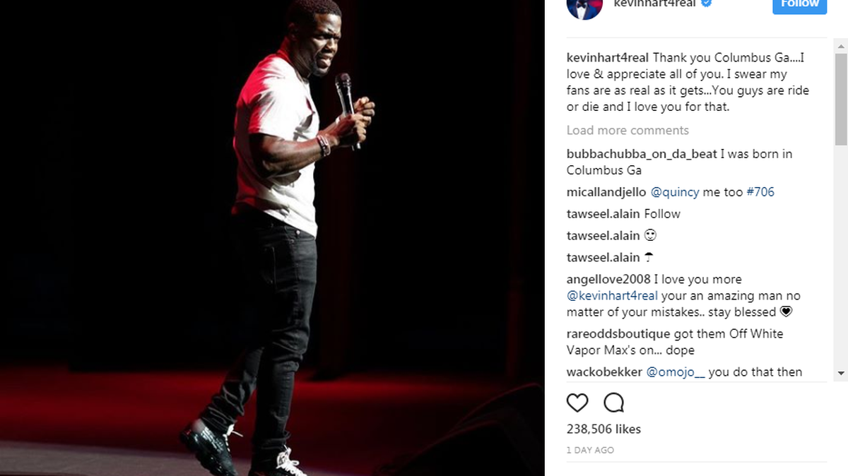 Comedian Kevin Hart posted on his Instagram account Sunday thanking fans in Columbus for supporting him during a cheating and extortion scandal.