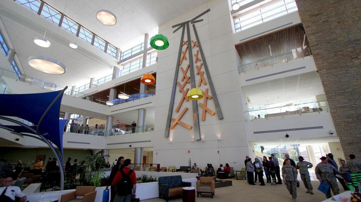 Large windows and open atriums dominate the new Martin Army Community Hospital at Fort Benning.