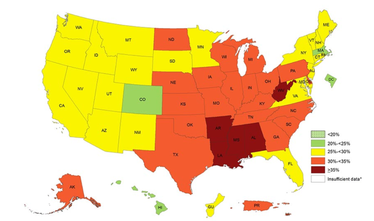 A map shows the distribution of obesity rates across the United States.