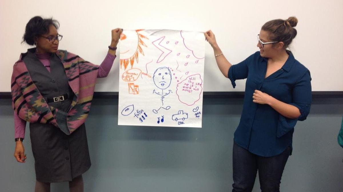 Tonya Douglass, principal of Waddel Elementary School, and Teresa Vogt, a health educator with an organization called “Thrive with Teresa,” participate Thursday in a Youth Mental Health First Aid course for adults at the Citizens Service Center. The course was conducted by instructors from Project AWARE, a program in the Muscogee County School District that trains adults and screens students for early mental illness detection and intervention.