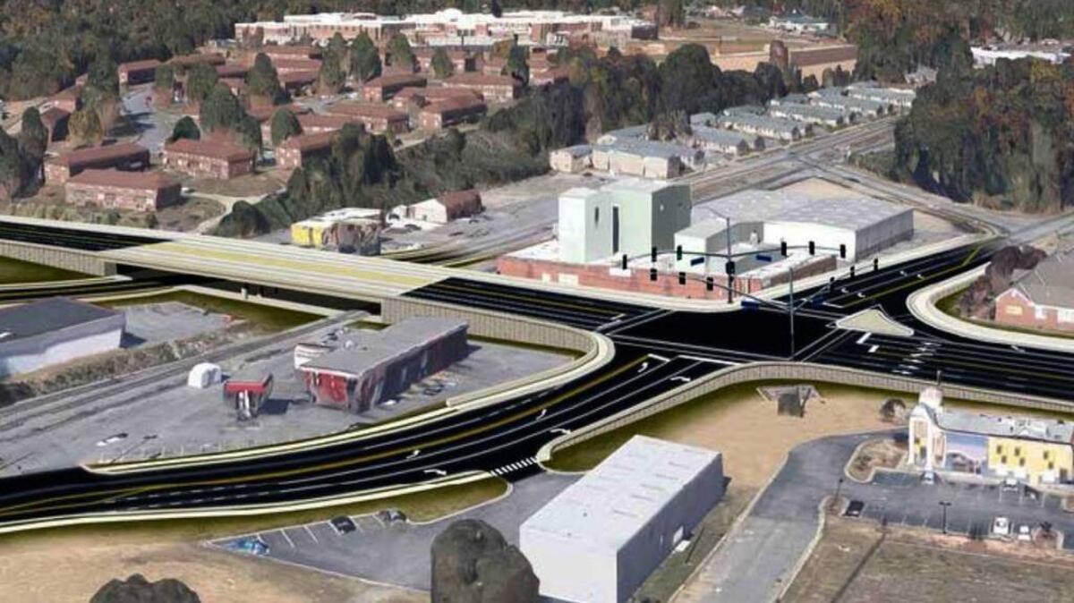 A rendering shows the elevated intersection of Buena Vista, Andrews and Forrest roads at the right and Martin Luther King Jr. Boulevard running beneath the roadway to the left. The $40 million project is moving toward construction.
