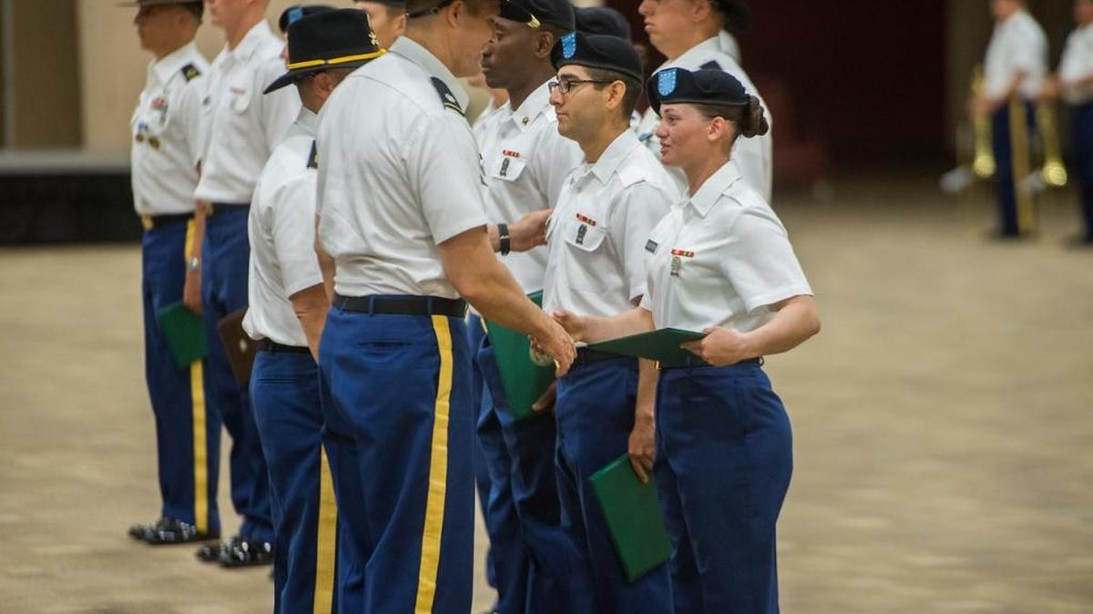 Members of the 5th Squadron, 15th Cavalry Regiments Bravo Troop Class graduate at Freedom Hall on June 22, 2017 at Fort Benning. Lt. Col. Daniel C. Enslen, 5-15 commander gave remarks.