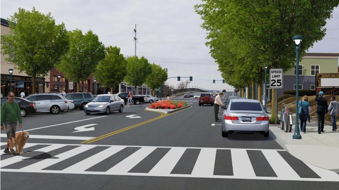 A final, long-term vision for 13th Street as proposed by Hall. Note the single lanes, pedestrian crosswalks, on-street parking and active businesses.