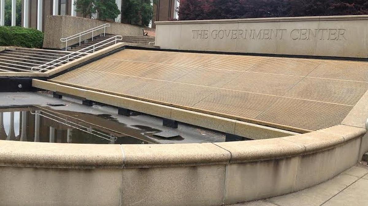 This Government Center fountain on 10th Street in Columbus is all dried up, awaiting repairs.