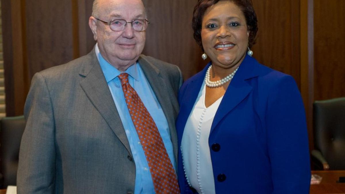 At the Alabama Community College System Board of Trustees meeting on Wednesday, Chancellor Jimmy Baker poses with Jacqueline Screws, whom he announced as the next president of Chattahoochee Valley Community College.