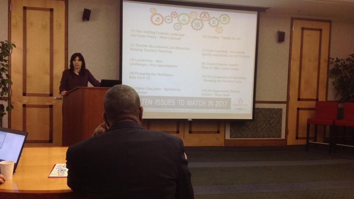 Dana Rickman, policy and research director at the Georgia Partnership for Excellence in Education, presents the “Top Ten Issues to Watch in 2017” during a symposium Jan. 6 at the Georgia Public Broadcasting headquarters in Atlanta.