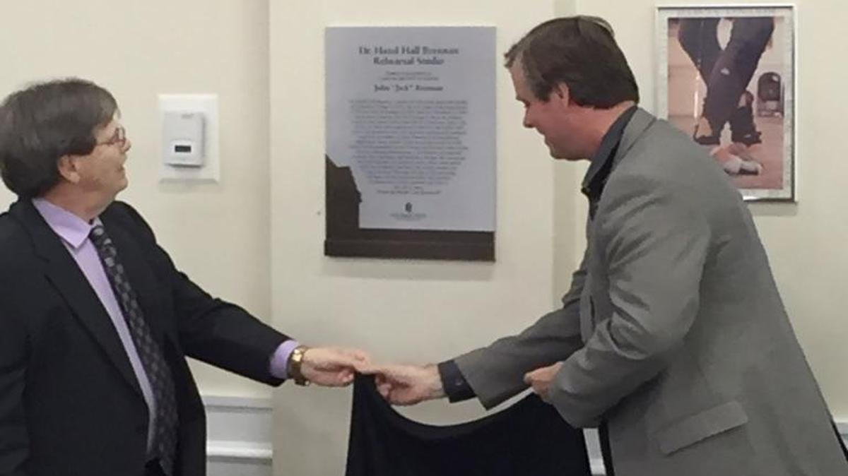 In a dedication ceremony Friday, the Columbus State University Theatre Department named its rehearsal studio in memory of former department chairwoman Hazel Hall Brennan. Her husband, Jack Brennan, at left, and department chairman Larry Dooley unveil the plaque that declares the space the Dr. Hazel Hall Brennan Rehearsal Studio.