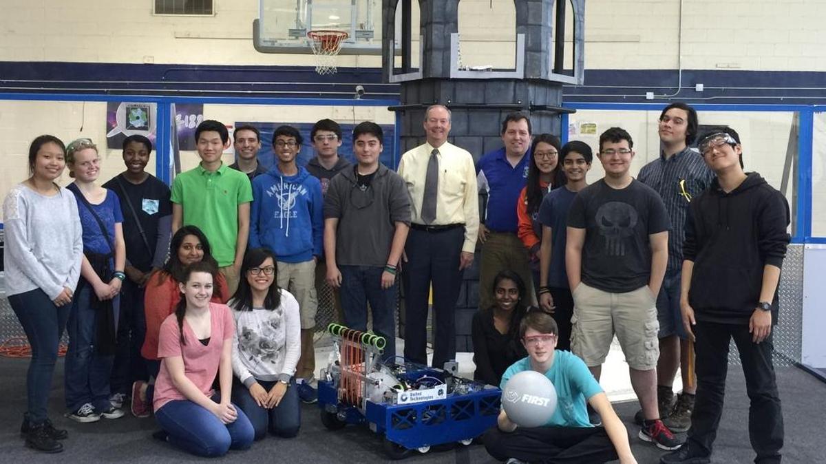 The Columbus Space Program’s robotics team has qualified for the FIRST World Championship for the second straight year. Pictured in the back row are, from left: Mary Chen, Megan Throlson, Victoria Thornton, Zhong Zheng, Jared Vale, Vineeth Harish, Joshua Barton, John Barton, Muscogee County School District superintendent David Lewis, program director and Columbus High School physics and computer science teacher Luther Richardson, Christine Hong, Sarth Patel, Darris Holland, Zane Stauffer and Tyler Toma. Pictured in the front row along with the robot are, from left: Ashita Patel, Hallie Richardson, Jenny Youm, Haritha Sigili and Drake Braski.