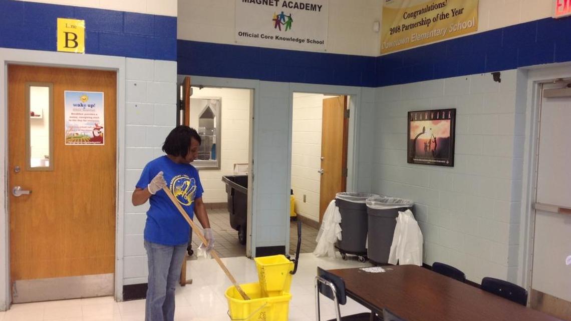 Downtown Elementary Magnet Academy custodian Mary Belton is one of the Muscogee County School District employees who would be moved to a middle school or high school if the Muscogee County School Board approves the MCSD administration’s proposal to outsource all the custodian work in its elementary schools.