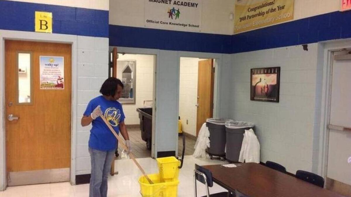 Downtown Elementary Magnet Academy custodian Mary Belton is pictured in this file photo from last year. This year, the school has been rated as the cleanest in the Muscogee County School District.