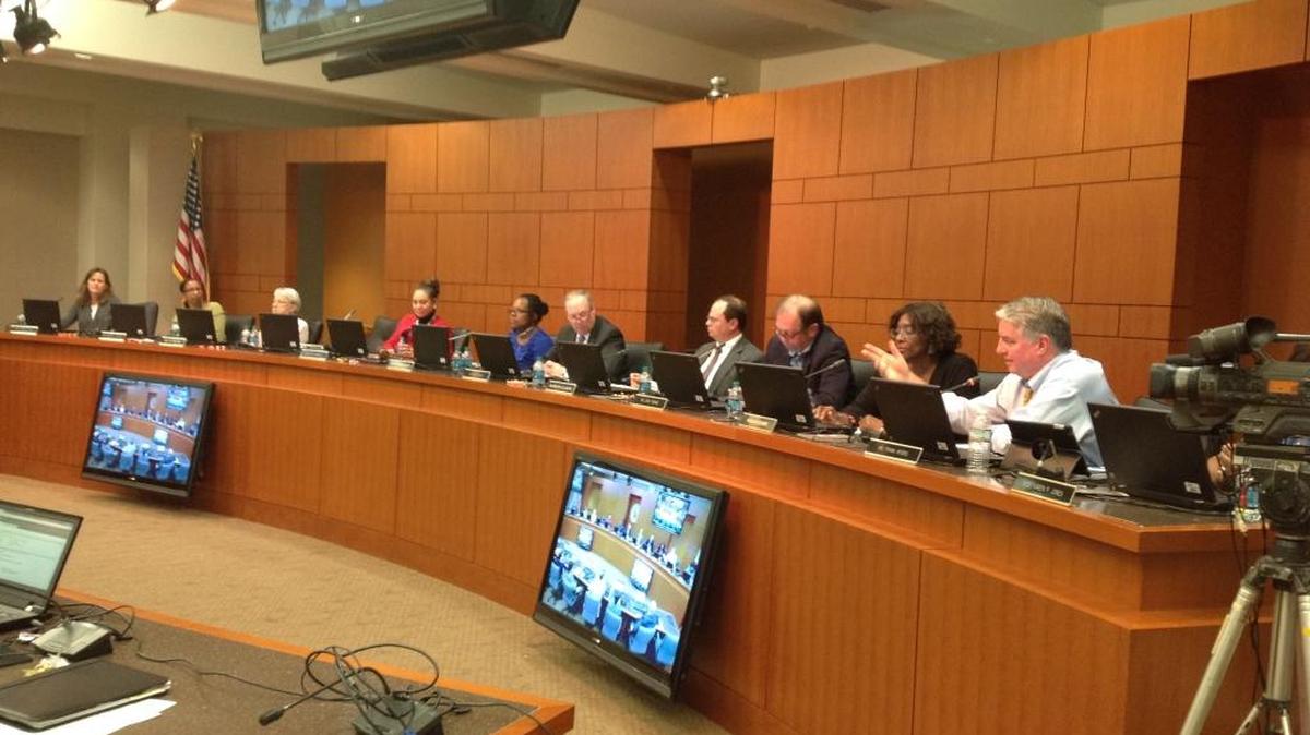 District 8 representative Frank Myers, right, speaks during the Feb. 13, 2017, work session of the Muscogee County School Board in the Muscogee County Public Education Center.