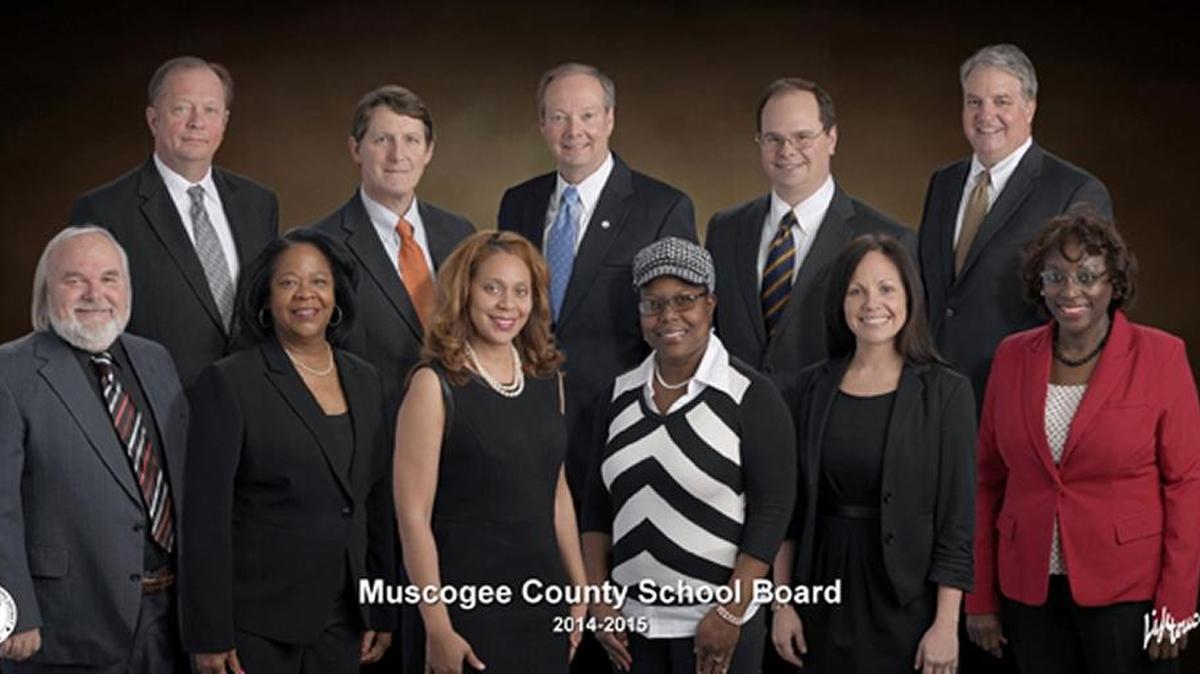 Muscogee County School Board members: top row, from left, John Thomas of District 2, chairman Rob Varner of District 5, superintendent David Lewis, board attorney Greg Ellington of the law firm Hall Booth Smith, and Frank Myers of District 8; bottom row, from left, Mark Cantrell of District 6, Athavia “A.J.” Senior of District 3, county-wide representative Kia Chambers, vice chairwoman Pat Hugley Green of District 1, Shannon Smallman of District 7 and Naomi Buckner of District 4.