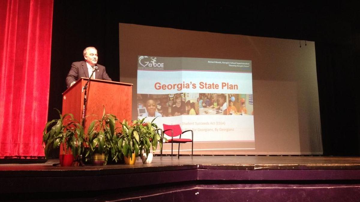 Georgia Department of Education superintendent Richard Woods speaks to approximately 100 Columbus area residents in the Northside High School auditorium Monday night. The public forum was one of eight the GaDOE is conducting to help develop its plan to implement a new federal education law, the Every Student Suceeds Act.