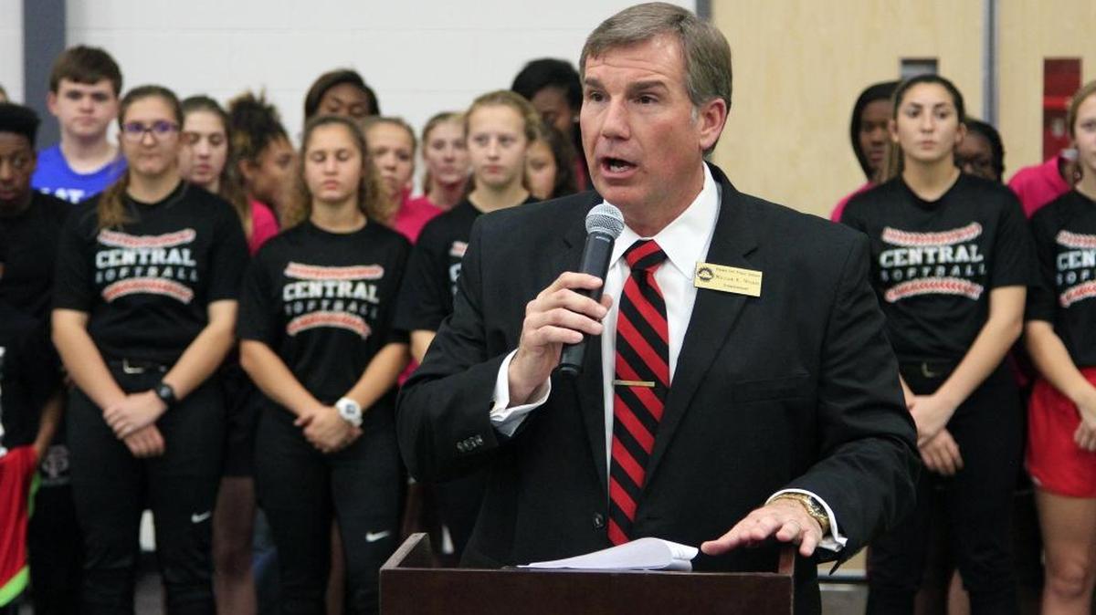 In this January 2017 file photo, Phenix City School superintendent Randy Wilkes welcomes people to the grand opening of the expansion facility at Central High School, one of the projects that the $1.1 million from the Friends of Phenix City Schools has helped fund.