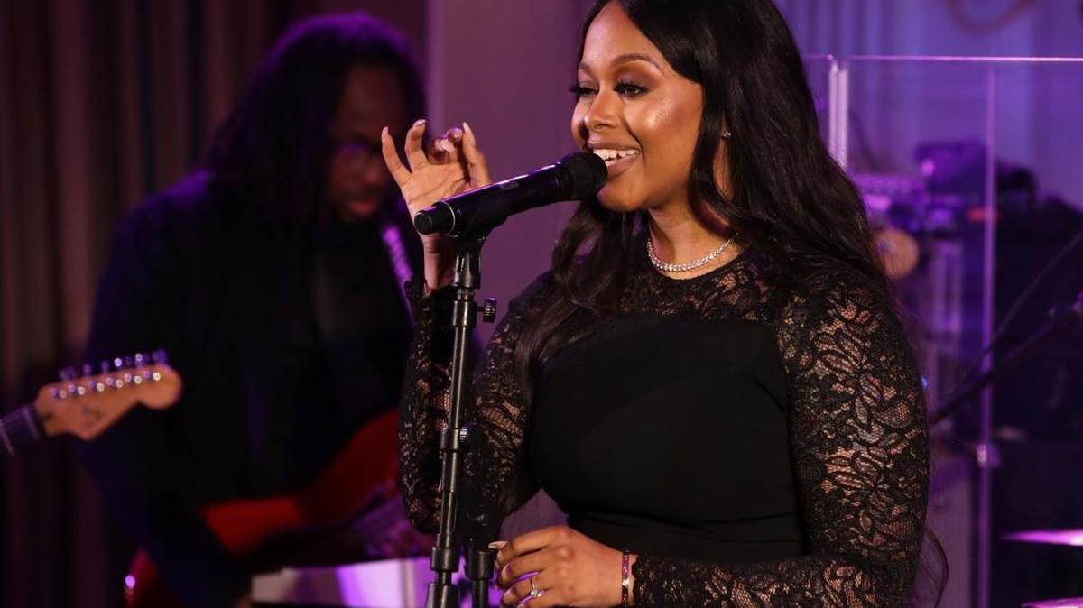 In this Aug. 2, 2016, file photo, Chrisette Michele performs for President Barack Obama, first lady Michelle Obama, Singapore's Prime Minister Lee Hsien Loong, and his wife Ho Ching, in the State Dining Room of the White House during a state dinner in Washington.