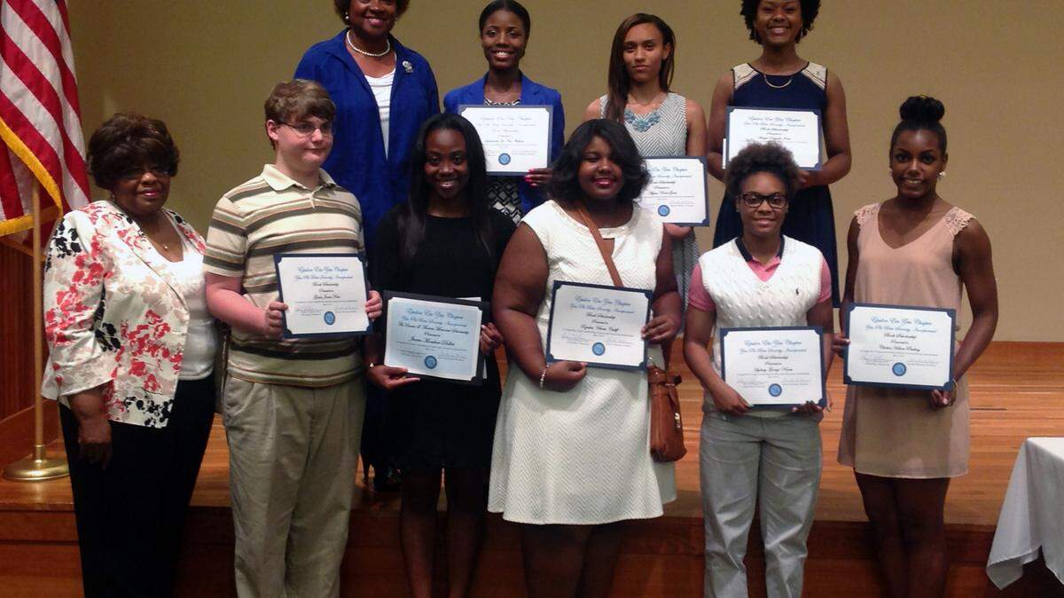 Pictured are, from left, front row: Doris Holeman (scholarship chairwoman), Casey Kerr and J'haria Dallas of Columbus High, Ryeshia Cutliff of Hardaway High, Sydney Norris of Carver High and Chelsea Paulding of Shaw High; Back row: Brenda DeRamus (President of Zeta Phi Beta Sorority Inc.), Quentoria Walton of Carver High, Alyssa Gant of Northside High and Shayla Jones of Central High. J'haria Dallas was the recipient of the inaugural Dr. Eunice S. Thomas Scholarship. Not pictured are Gavin Kerr, Jamarcus Perkins and Raven Hilliard of Spencer High.