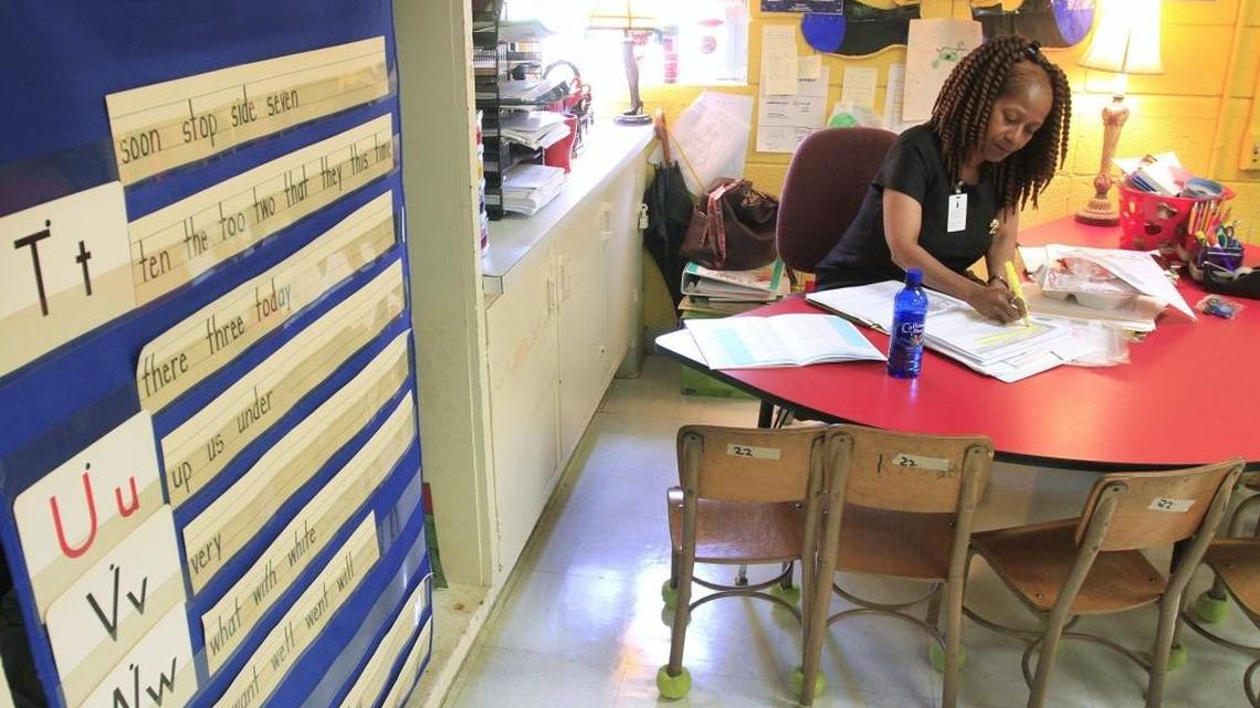 South Columbus Elementary School kindergarten teacher Angela Gardner prepares Friday afternoon for Monday’s opening day of the 2016-17 school year in the Muscogee County School District.