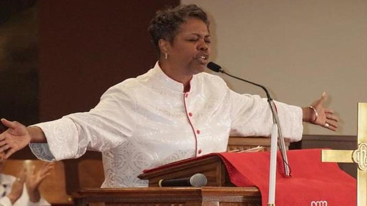 The Rev. Lavisha Williams, the new pastor of St. James CME Church, preaches at St. Mark Zion AME Church in Durham, N.C. She is the first woman to hold the position in the church’s 159-year history.