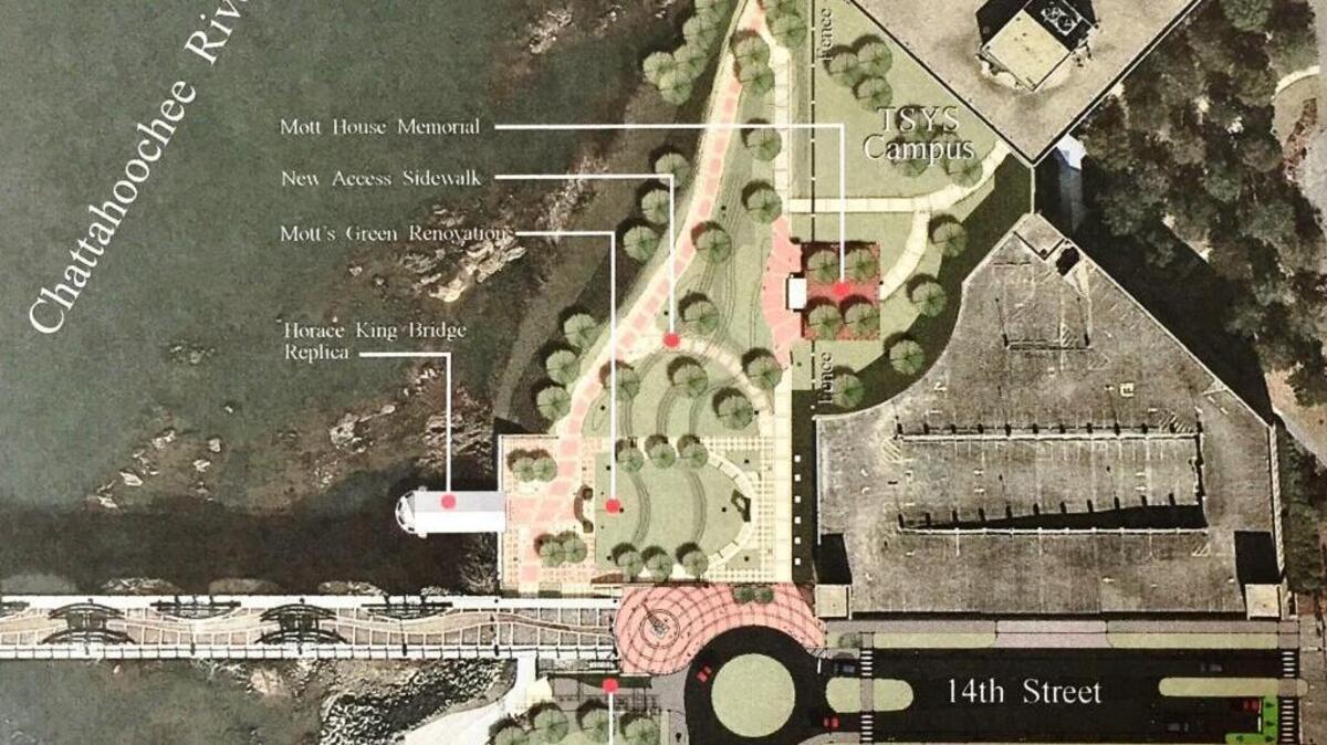 Aerial rendering shows the layout of the planned Mott’s Green Plaza at the foor of the Frank Martin Pedestrian Bridge.