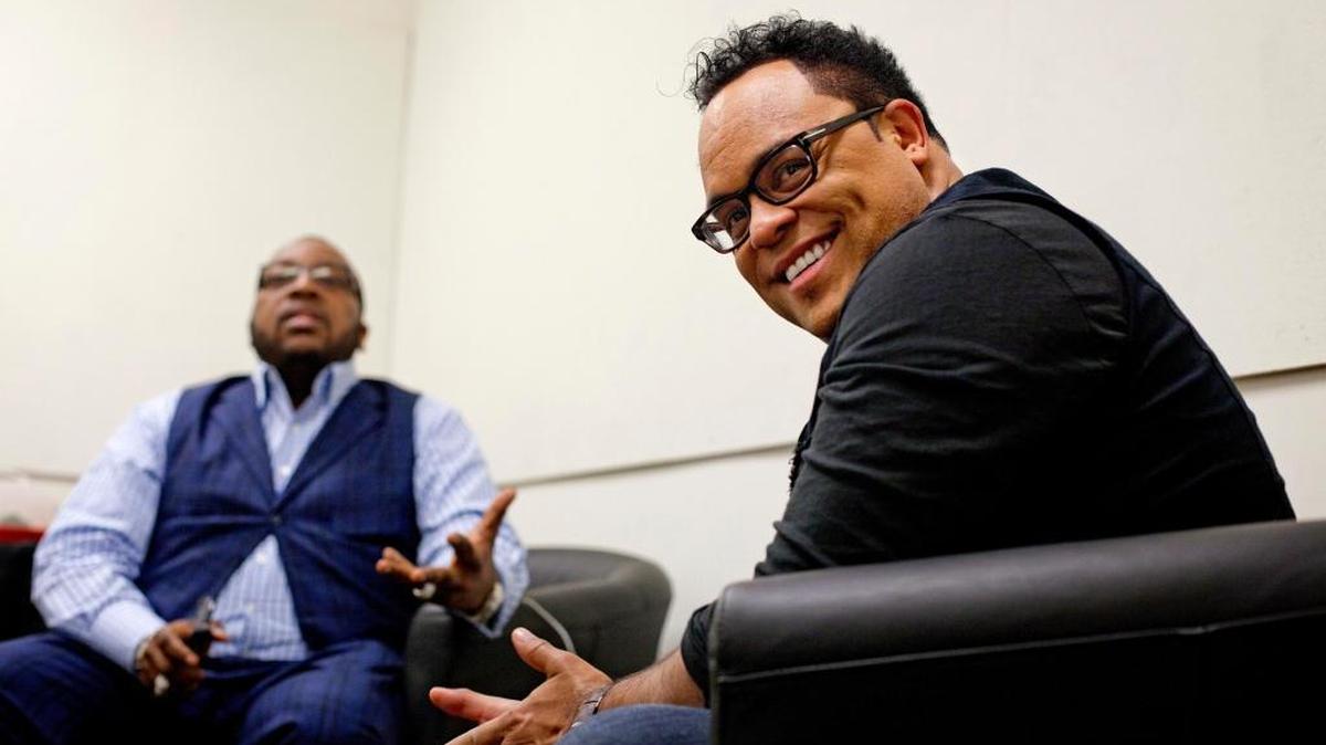 In this June 11, 2012, photo, gospel singers Marvin Sapp, left, and Israel Houghton hang out backstage before taping a television show in Atlanta.