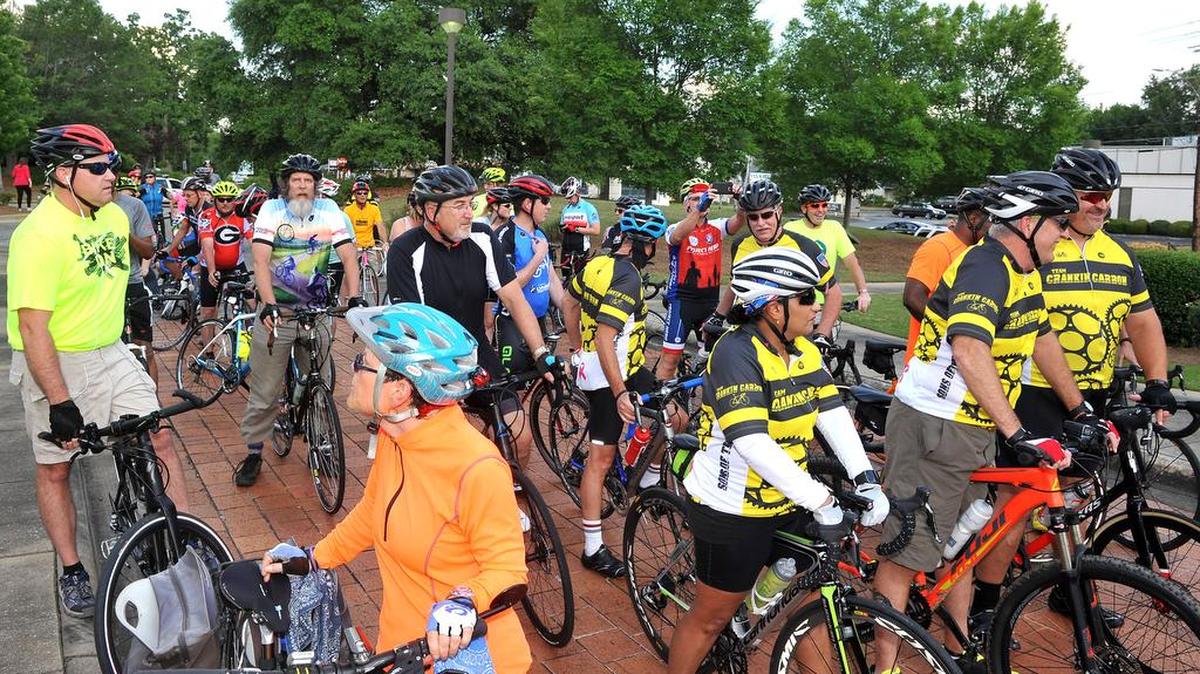 Riders lining up in front of the Columbus Museum for the start of the 8-mile annual Ride of Silence on Wednesday.
