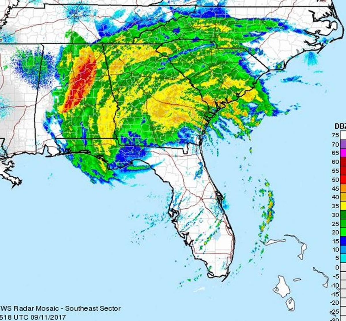Recent radar showing the rainfall levels of Irma