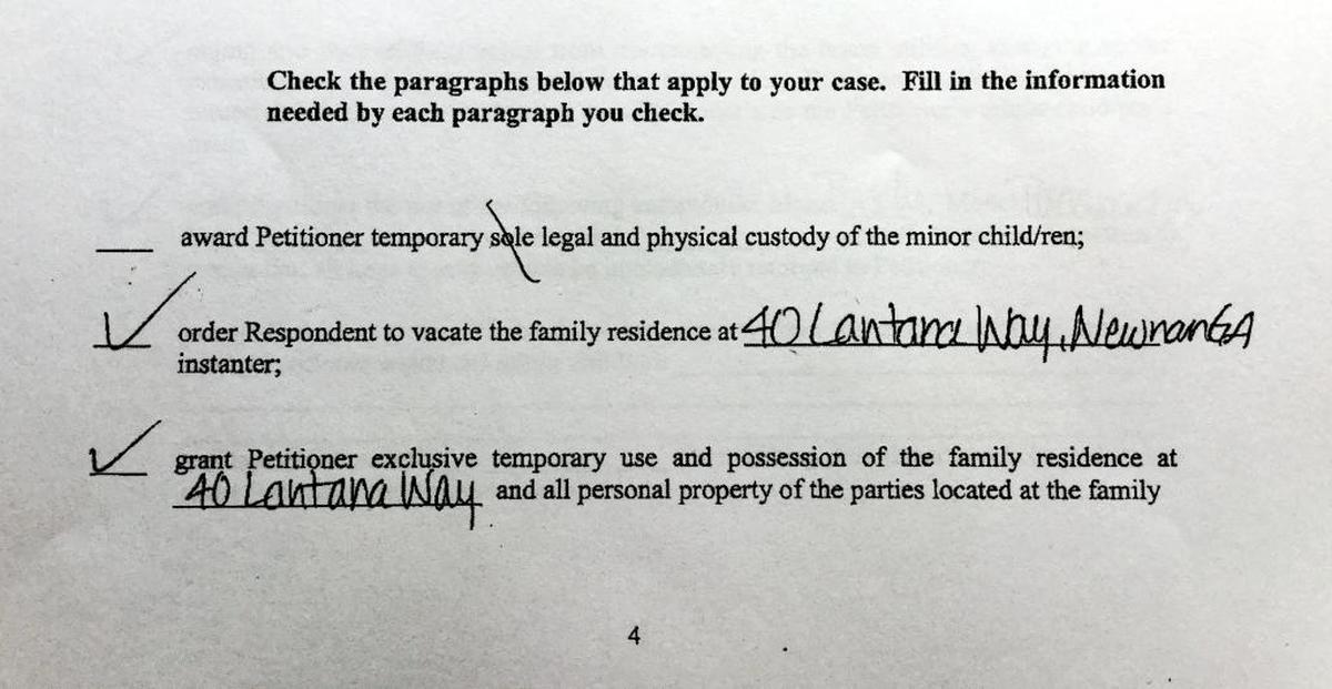 In a March 30, 2016, petition for a temporary restraining order, Baker’s wife asked that Baker be ordered to vacate the family residence in Newnan.