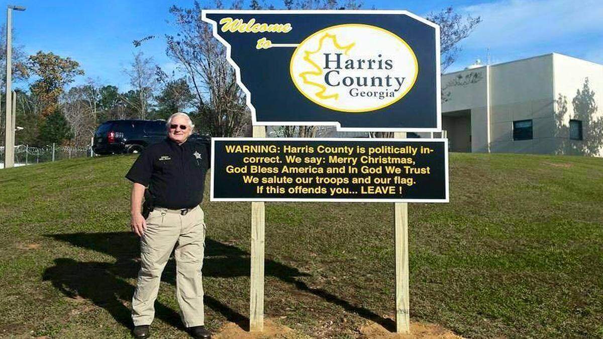 Harris County Sheriff Mike Jolley posted a new sign Tuesday morning outside of his office that says, "WARNING: Harris County is politically incorrect. We say: Merry Christmas, God Bless America and In God We Trust. We salute our troops and our flag. If this offends you… LEAVE!"