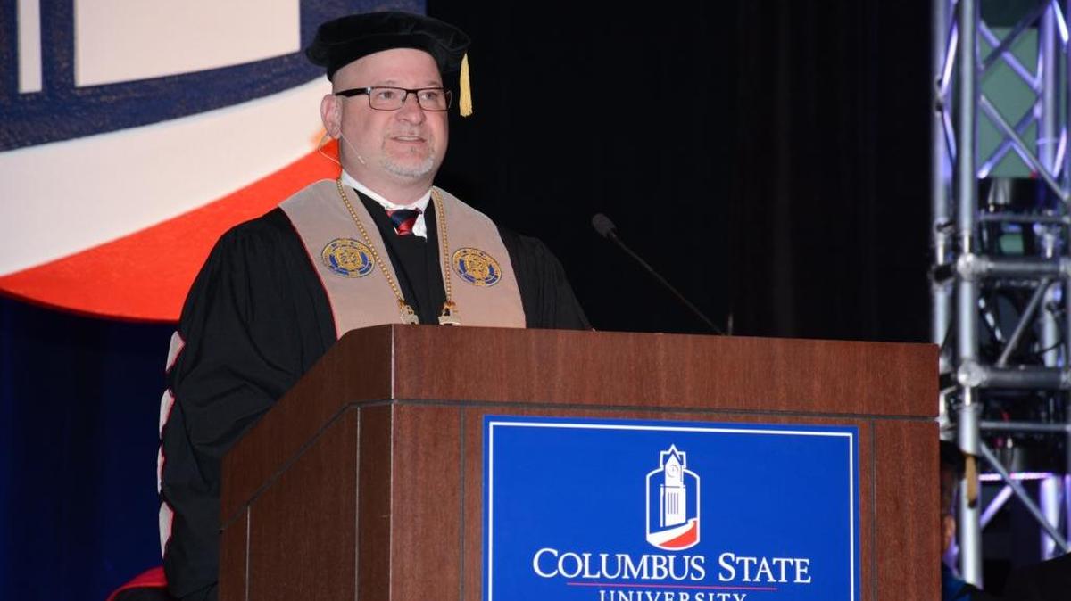 Columbus State University president Chris Markwood delivered the keynote address during freshman convocation last fall in the University Hall auditorium.