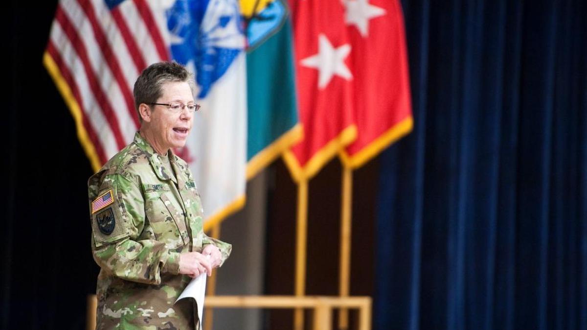 Brig. Gen. Tammy S. Smith, former commanding General, 98th Training Division, speaks at the LGBT Pride Month event at Fort Benning.