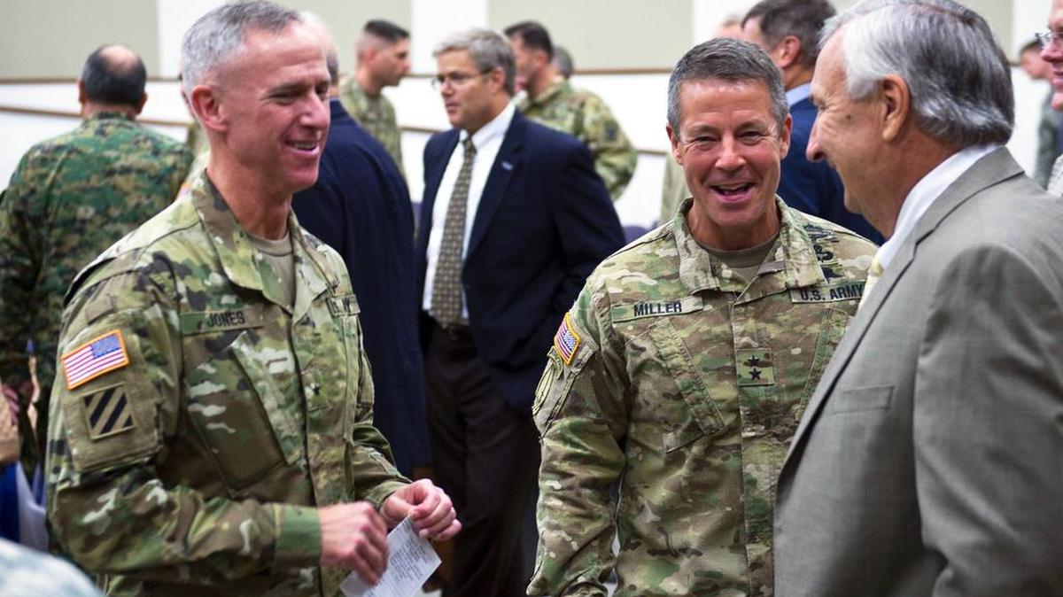 Fort Benning welcomed Brig. Gen. Peter L. Jones, left, as the 56th chief of infantry during a Monday ceremony at Fort Benning in Sepetember 2015.