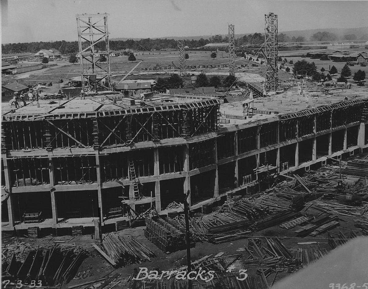 During the 1930’s construction scenes like this one of the third cuartel going up were common at Fort benning as anti-depression measures made funds available.