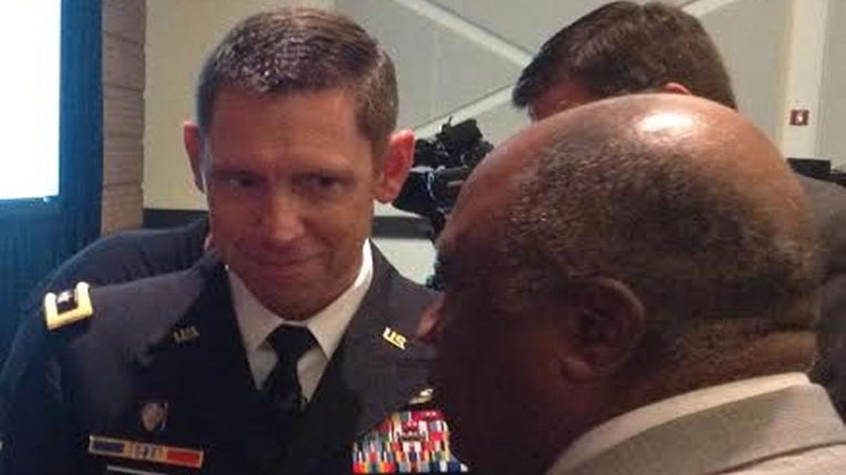 Maneuver Center of Excellence commander Maj. Gen. Eric J. Wesley talks with state Sen. Ed Harbison Tuesday after the general spoke to the Greater Columbus Chamber of Commerce.