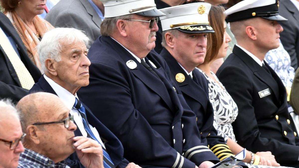 Chief of FDNY James Leonard, second from right, and Executive Assistant to Chief of FDNY Thomas Coleman, to Leonard’s right, watch the dedication of the Global War on Terrorism Memorial on Monday with retired Lt. Gen. Carmen Cavezza, a New York native on the far left.