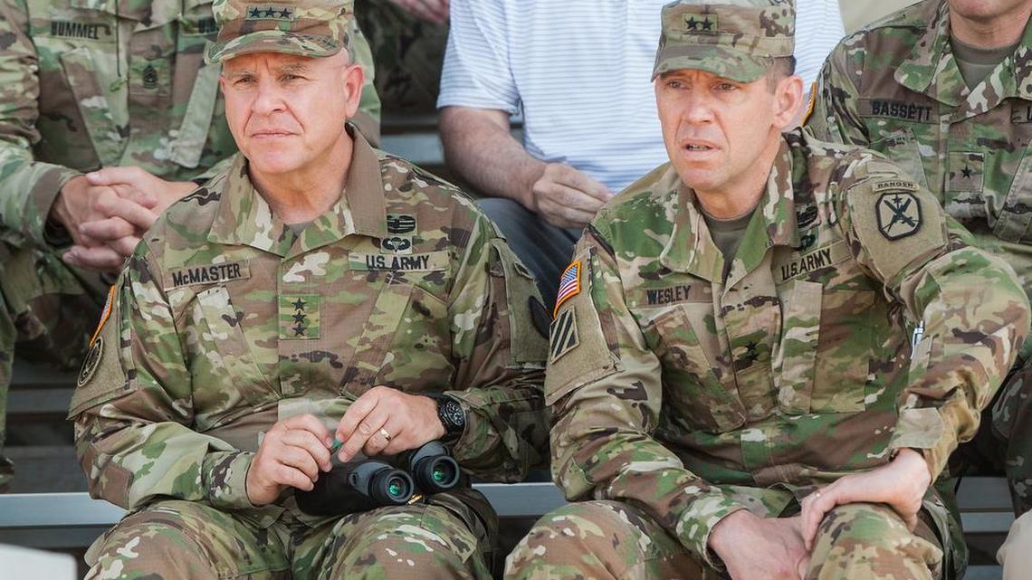 Lt. Gen. H.R. McMaster, Maj. Gen. Eric Wesley and other Fort Benning officials observe a weapons demonstration July 15, 2016 at Red Cloud Range.