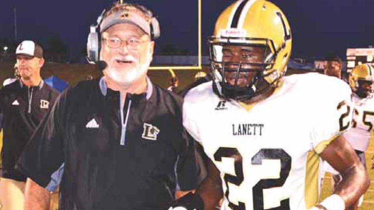 Lanett offensive coordinator Chip Seagle with Braylon Harrington during the victory over Valley earlier this year.