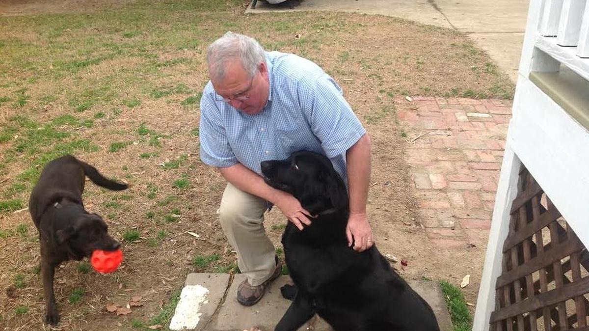 Columnist Chuck Williams plays with BoJack, right, Yoda, middle, and Maggie Monday afternoon when he should have been working.