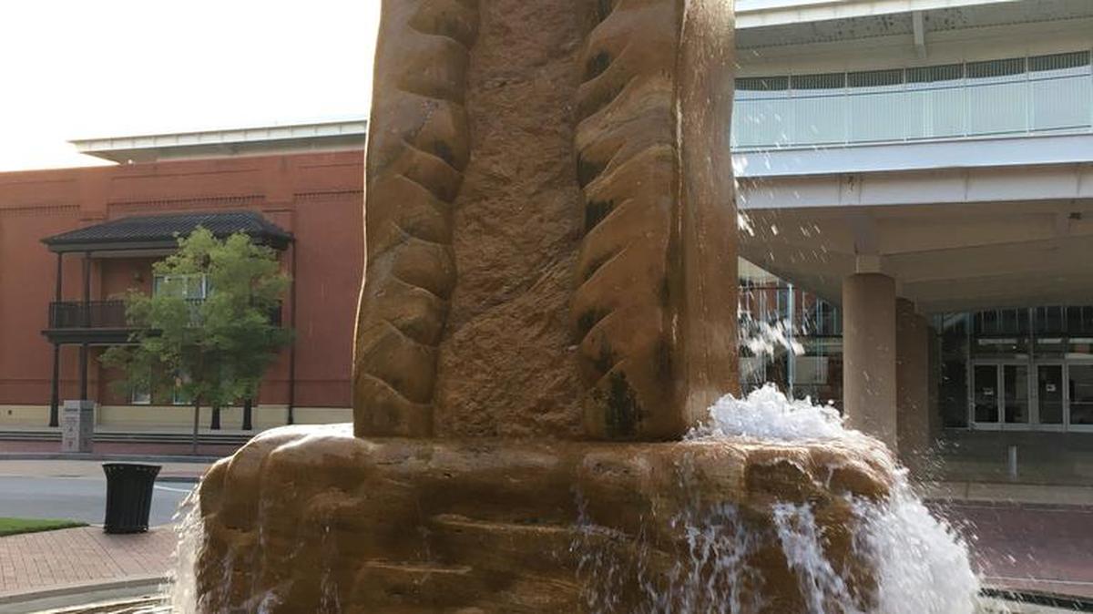 The 35-ton fountain in front of the RiverCenter for the Performing Arts was erected in 2002.