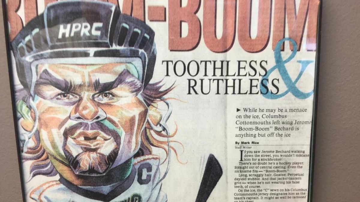 This newspaper clipping hangs in the office of Columbus Cottonmouths coach and general manager Jerome Bechard