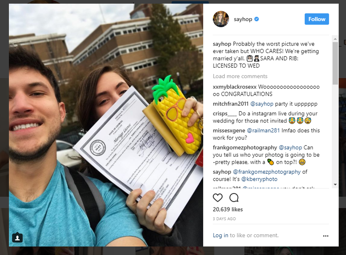 Sara Hopkins and Robby Ayala show off their marriage license in a recent Instagram post.