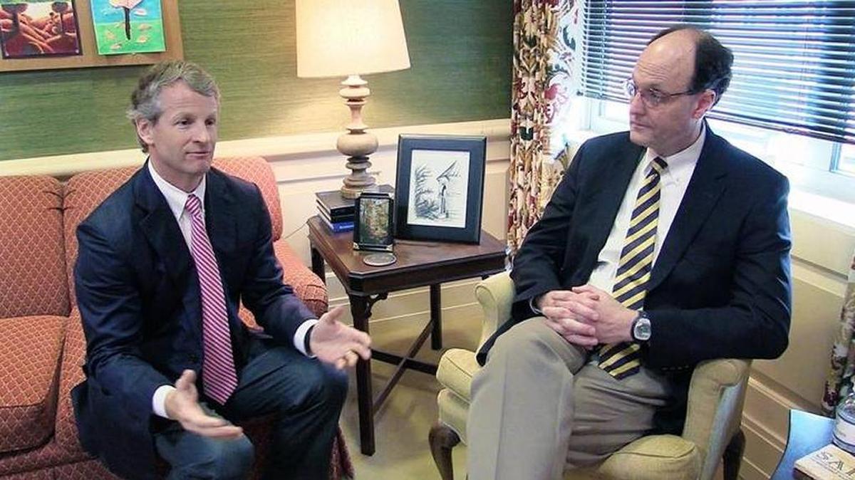 Jason Branch, chairman of the Brookstone School Board of Trustees, left, and Marty Lester, the head of school for Brookstone, answer questions about the school’s new drug-testing policy.