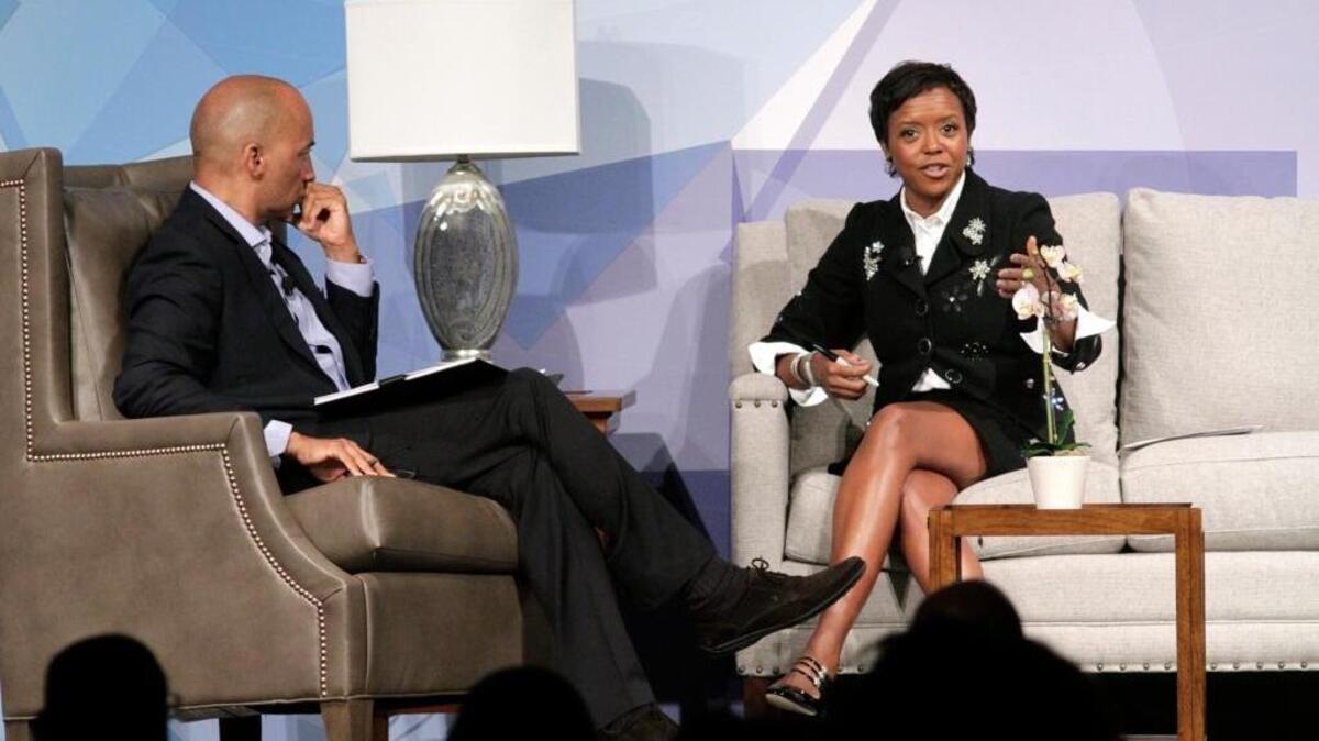 Mellody Hobson, President of Ariel Investment and Chair of the Board for DreamWorks Animation, is interviewed by Byron Pitts on during the Bob Wright Symposium on Business Empowerment at the Columbus Convention & Trade Center.