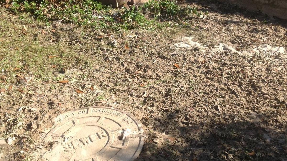 These two dewer manholes periodically spill raw sewage into a Columbus woman’s backyard on the banks of Weracoba Creek.