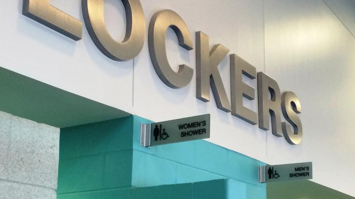 The locker rooms ar the Columbus Aquatic Center are clearly marked.