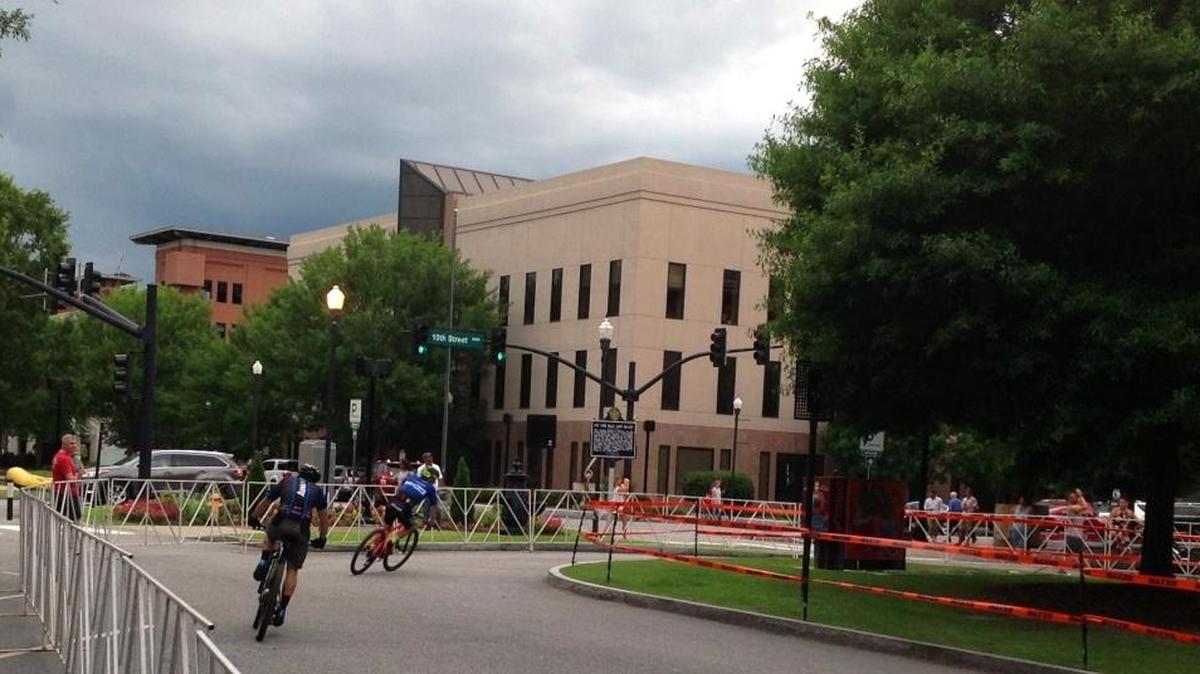 Storm clouds hang over downtown Columbus on Saturday.