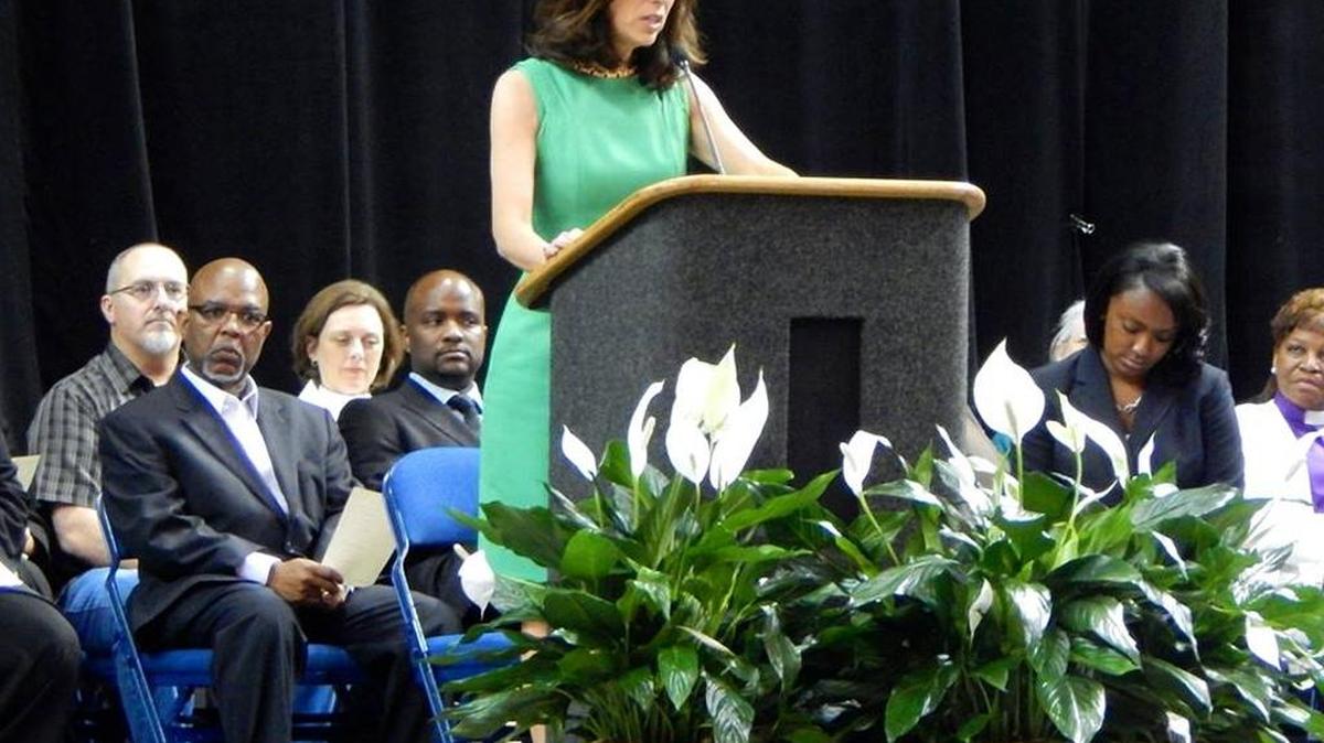 Mayor Teresa Tomlinson speaks at the 2015 “Prayer Rally for Peace and an End to Violence.” The third annual prayer rally will be held 2:30 p.m. Sunday at St. Luke Ministry Center, 301 11th St.